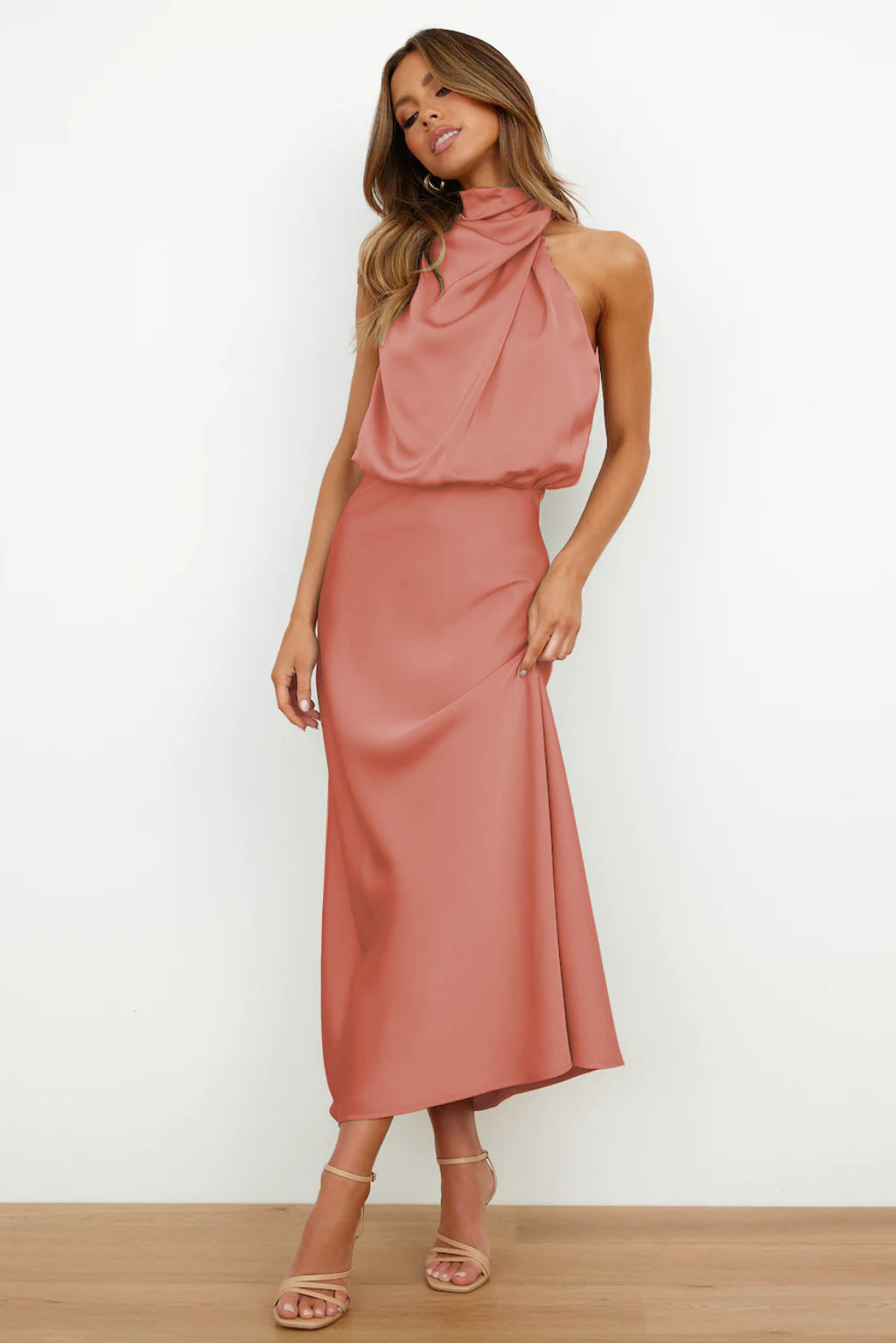 Women Dress | Midi Length Sleeveless Halter Waterfall Neckline Design