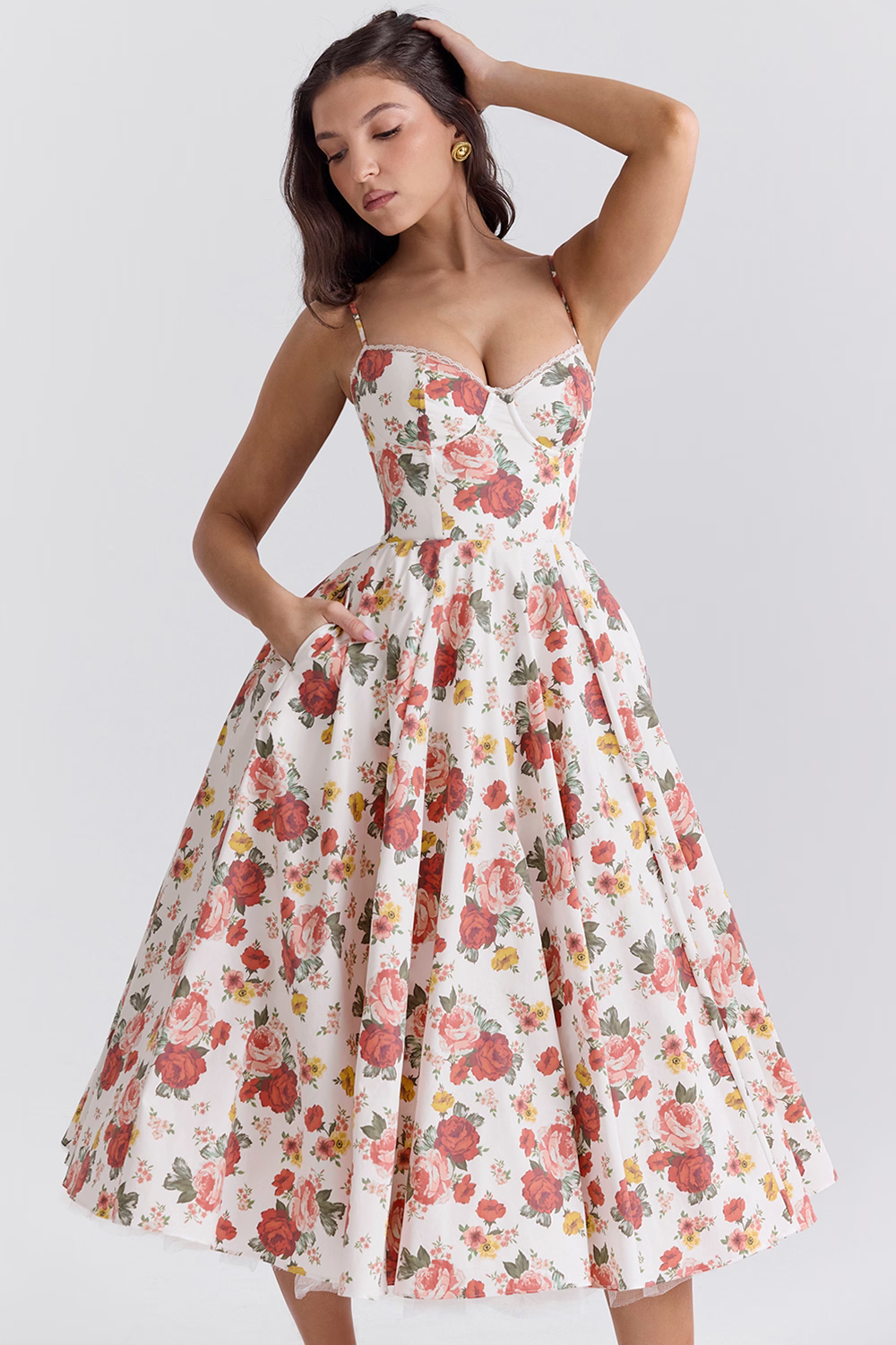 Women Midi Dress | A-Line Skirt With Corset Bodice Sweetheart Neckline