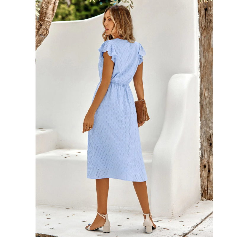 Women Midi Dress | Short Sleeve V Neck Ruffle A Line Elastic Waist