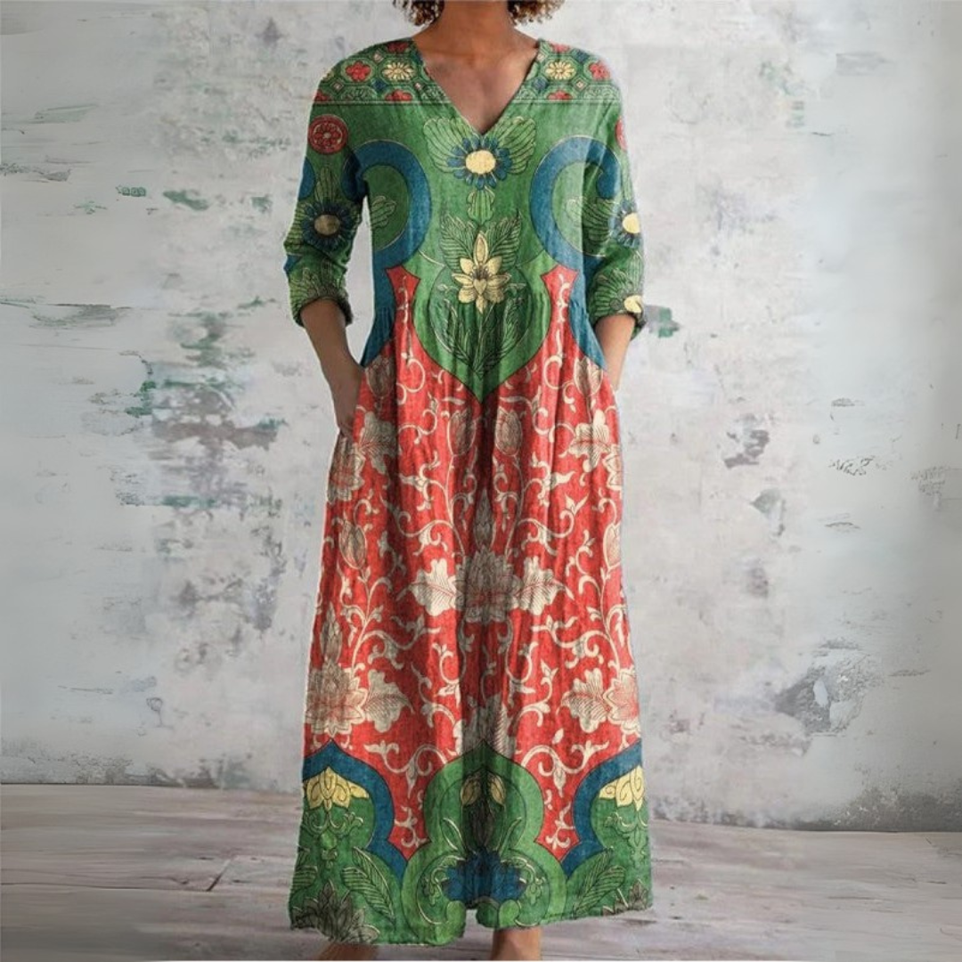 Damen Maxikleid | V-Ausschnitt und ornamentales Motiv
