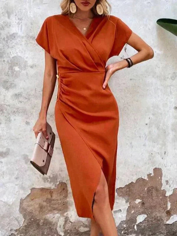 Women Midi Dress | V-Neck Short Sleeve Slit Feature