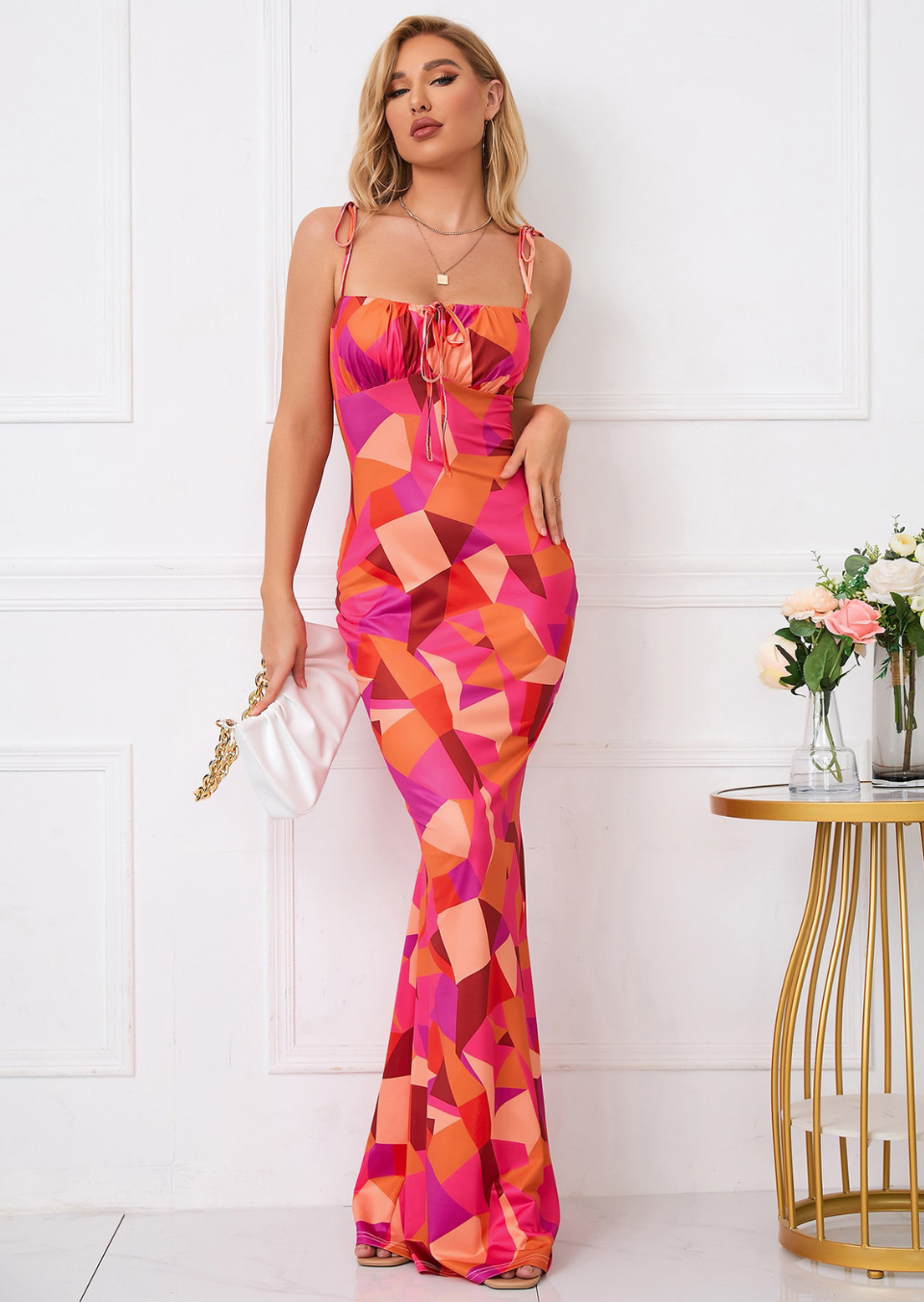Kleid Damen | Maxikleid mit schmalen Trägern und Muster