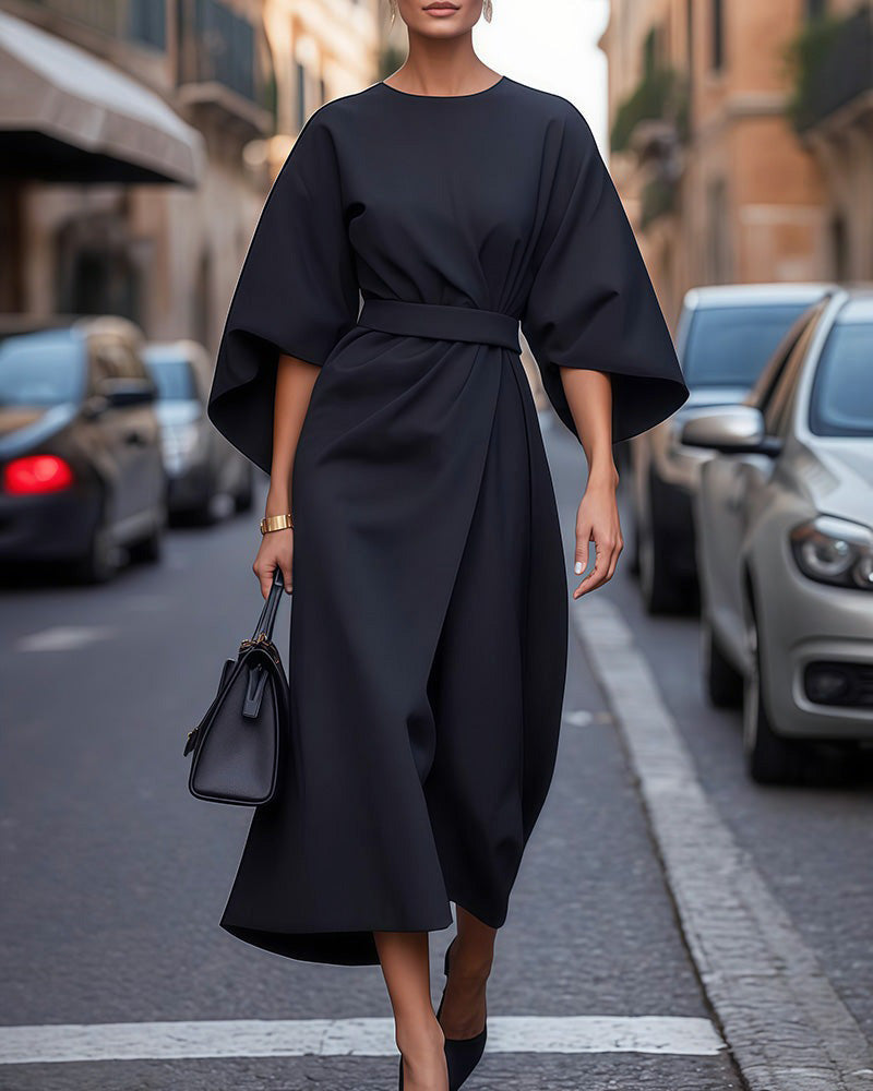 Women Midi Dress | Three Quarter Sleeves Waist Belt Design
