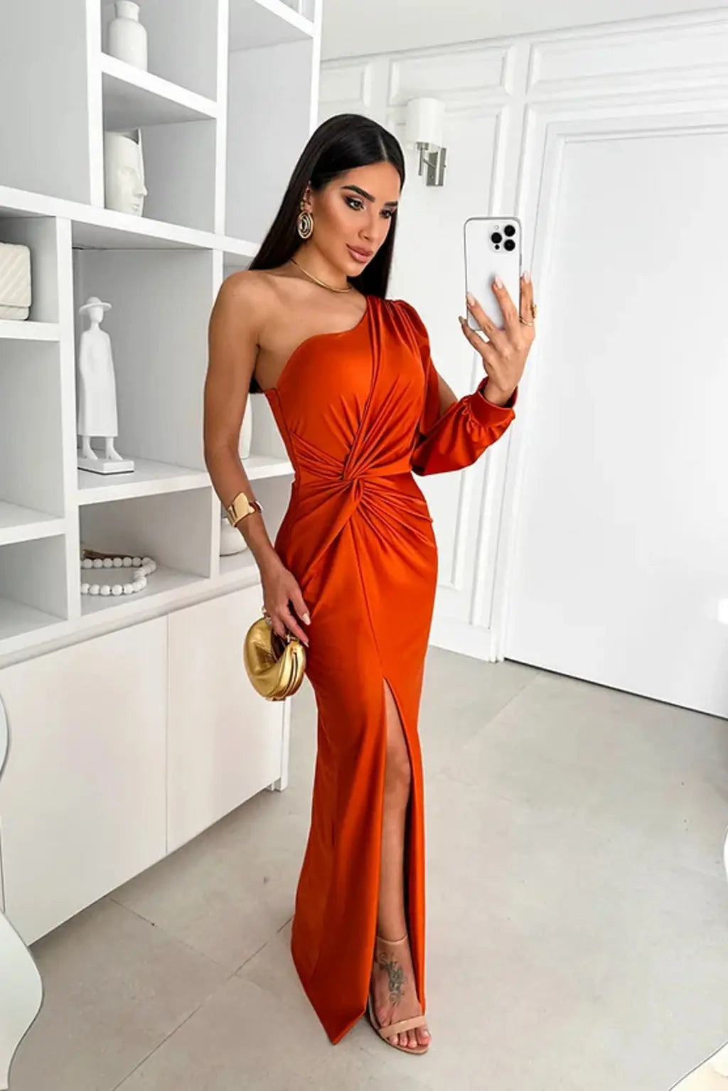 Damen Maxikleid | One-Shoulder mit Drapierung und Schlitz