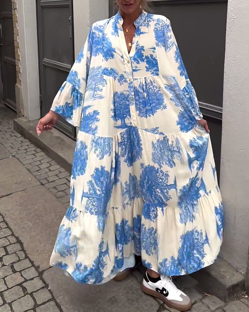 Women Maxi Dress | Stand-Up Collar Button Closure Long Sleeves Detail