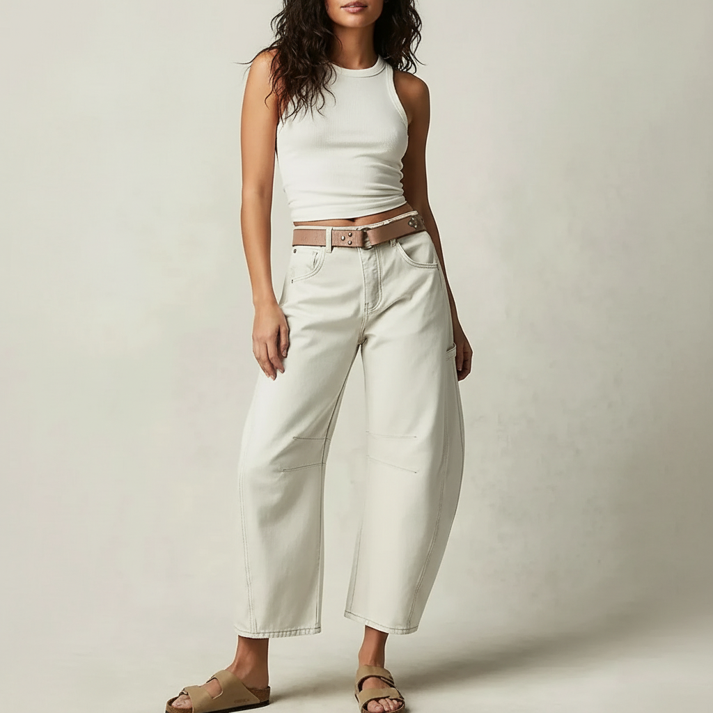 Damen Jeans | weiter Beinverlauf mit Bund und Taschen