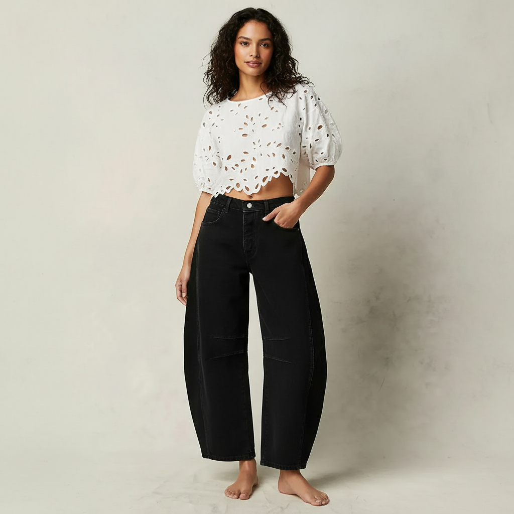 Damen Jeans | weiter Beinverlauf mit Bund und Taschen