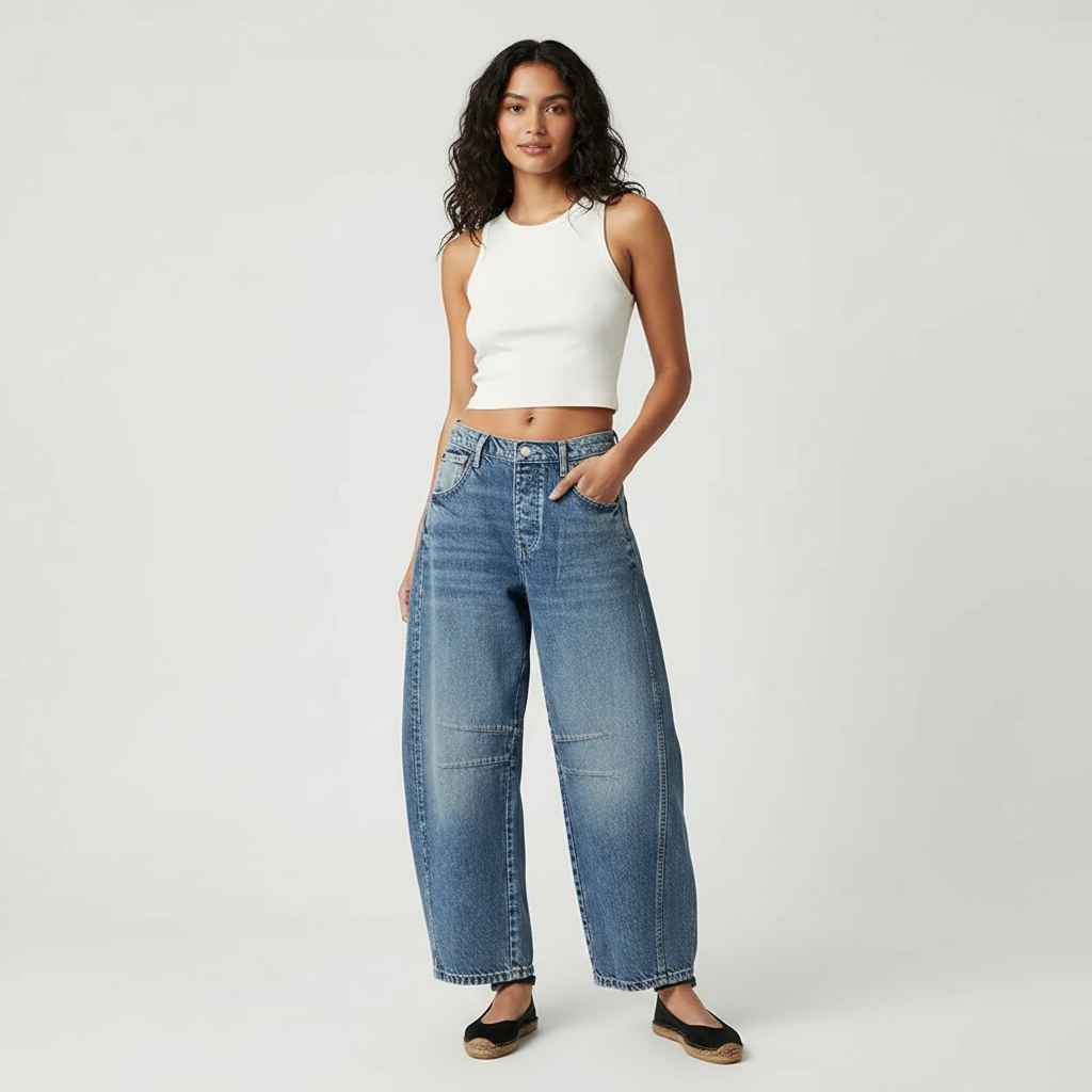 Damen Jeans | weiter Beinverlauf mit Bund und Taschen