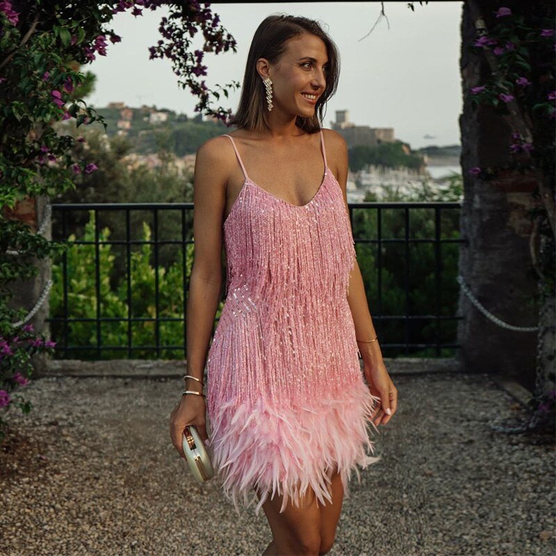 Women Mini Dress | Feather Trimmed Short Length Silhouette Design