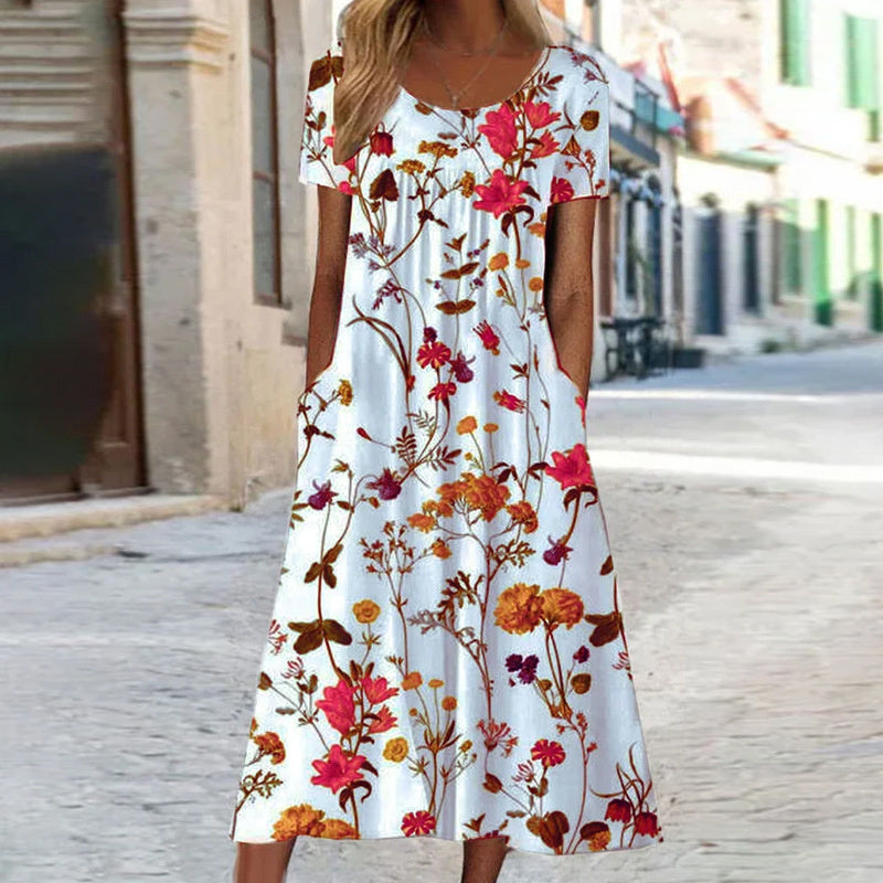 Damen Midikleid | Rundhalsausschnitt mit Blumenmuster und Taschen