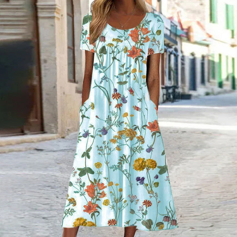 Damen Midikleid | Rundhalsausschnitt mit Blumenmuster und Taschen