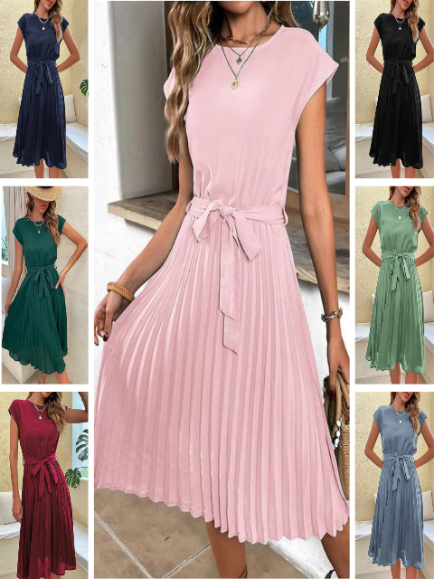 Women Pleated Midi Dress | Short-Sleeved Upper Arm Coverage Design