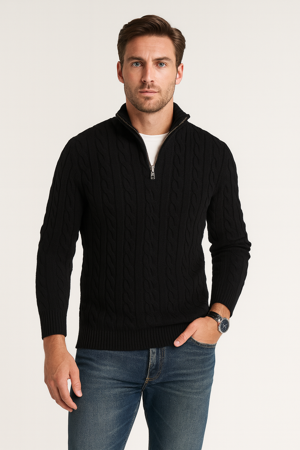 Herrenpullover | Halbzip mit hohem Kragen und Rippbündchen
