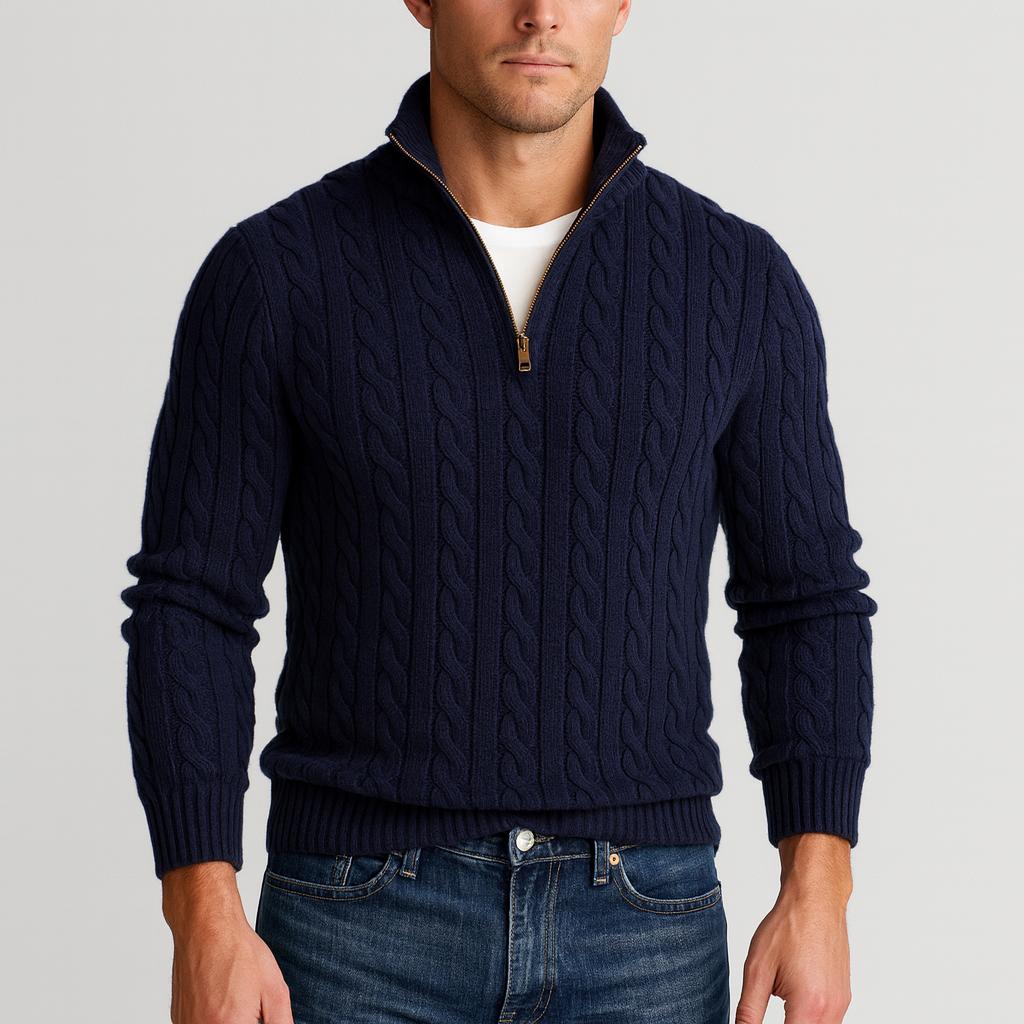 Herrenpullover | Halbzip mit hohem Kragen und Rippbündchen