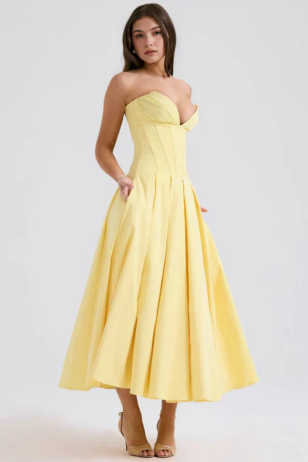 Women Midi Dress | Strapless Corset Bodice Sweetheart Neckline