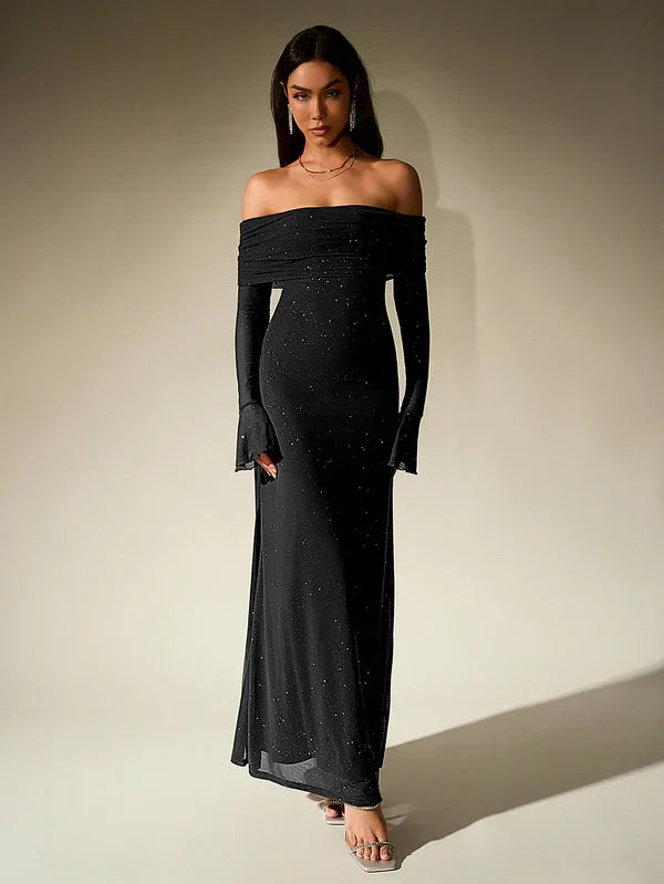 Women Evening Dress | Off-Shoulder Maxi Length With Long Sleeves Cut