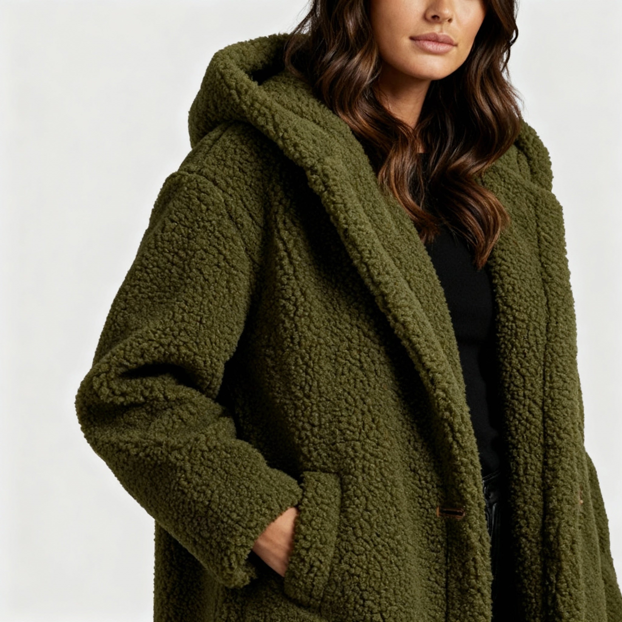 Damen Mantel | lang mit Kapuze und Taschen