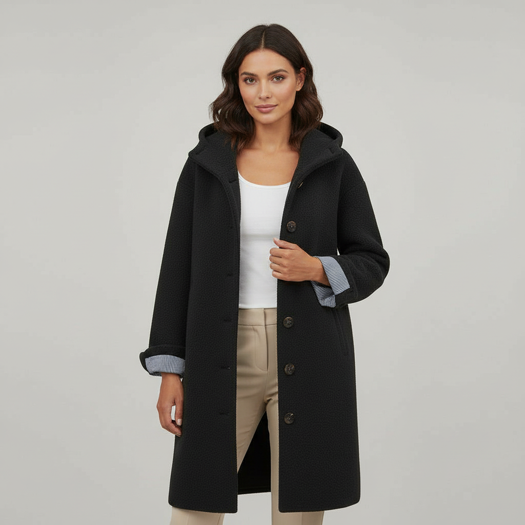 Damen Mantel | lange Form mit Kapuze und klarer Linienführung