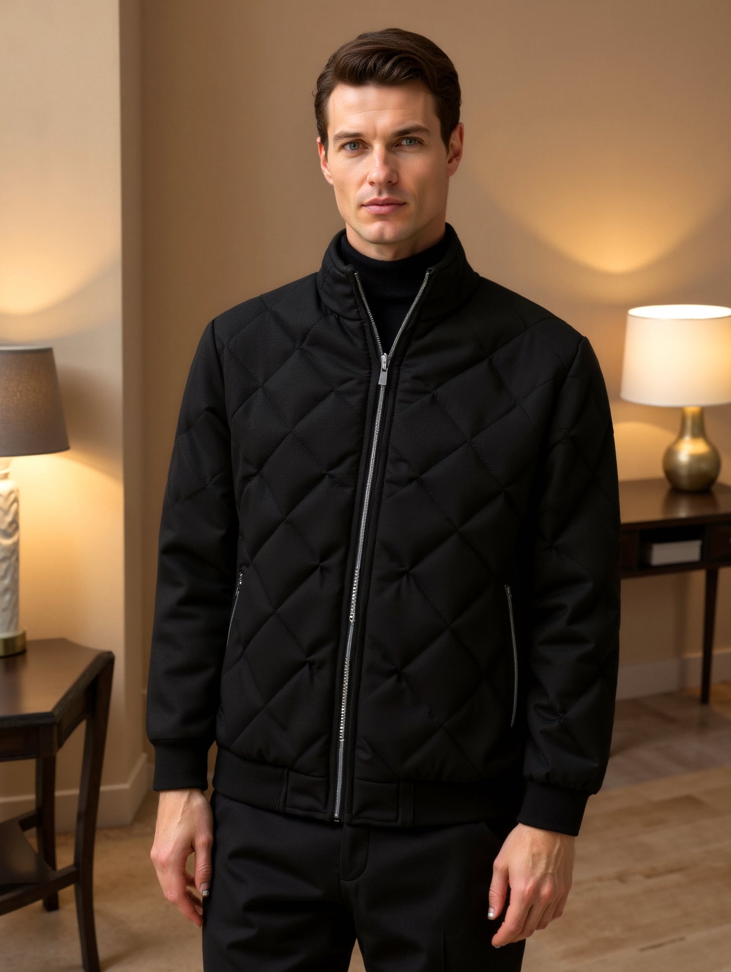 Herren-Steppjacke in dunkler Farbgebung | lineare Steppstruktur