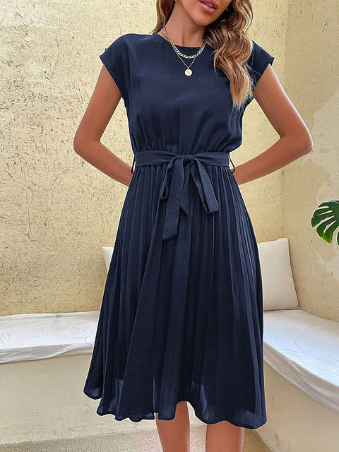 Women Midi Dress | Short-Sleeved Pleated Construction Design