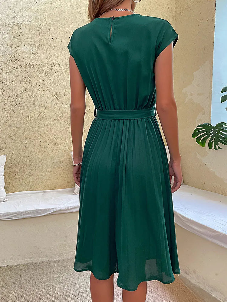 Women Pleated Midi Dress | Short-Sleeved Upper Arm Coverage Design