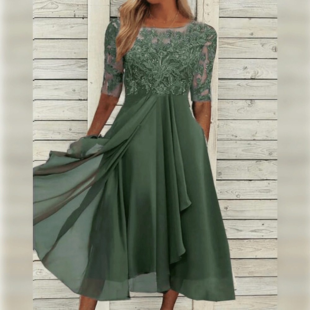 Women Dress | Midi Length With Embroidered Bodice And Short Sleeves
