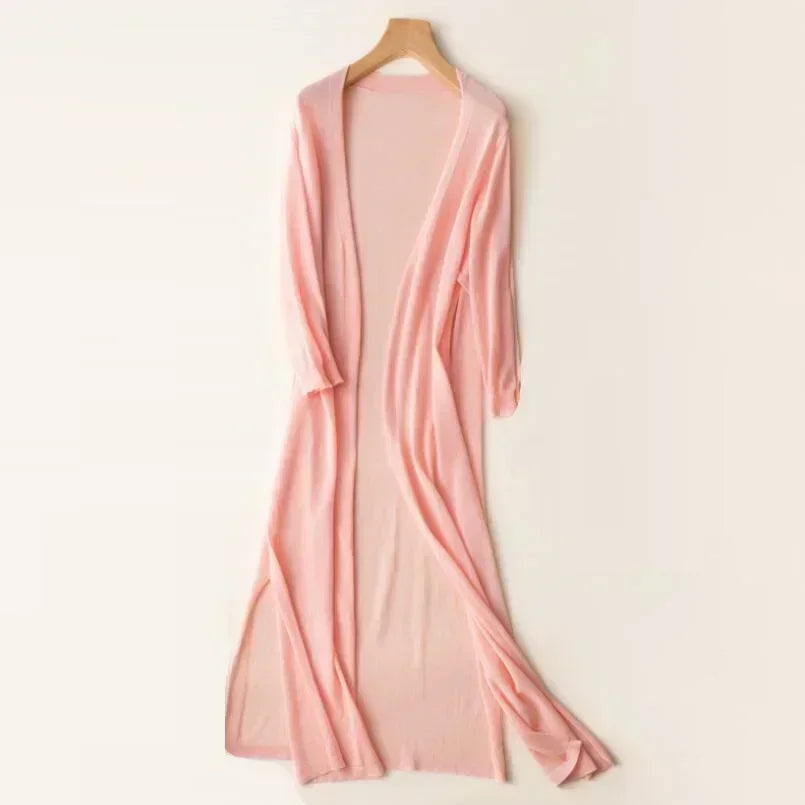 Damen Cardigan | lange offene Form mit Seitenschlitzen