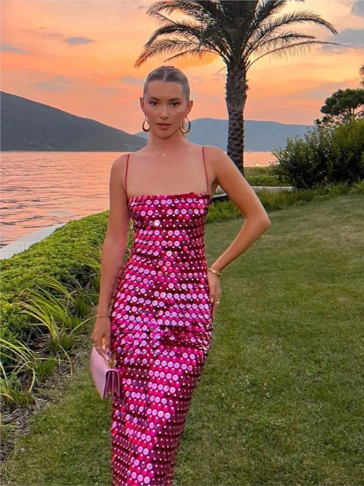 Women Midi Dress | Spaghetti Strap Sequin Design