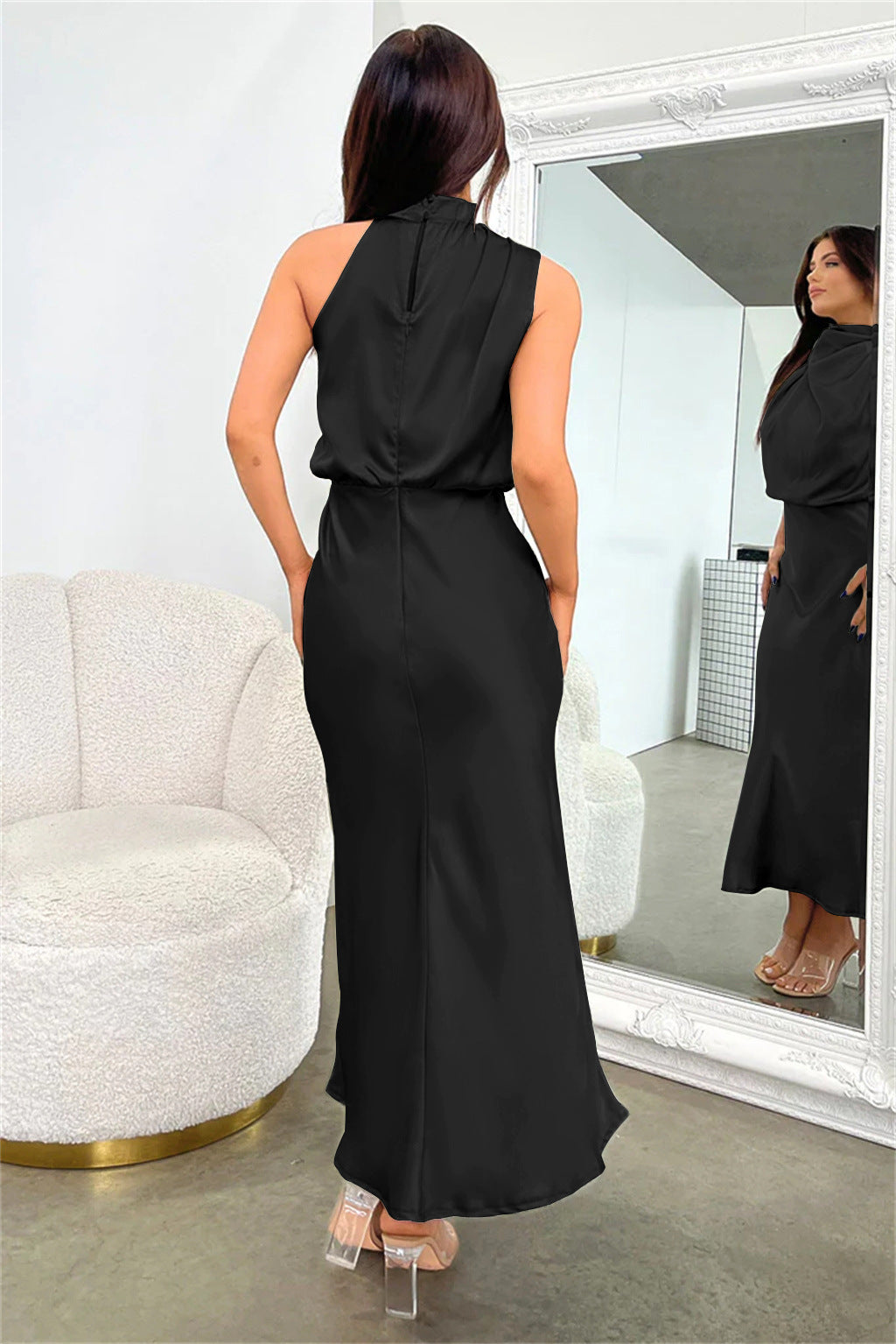 Women Dress | Midi Length Sleeveless Halter Waterfall Neckline Design