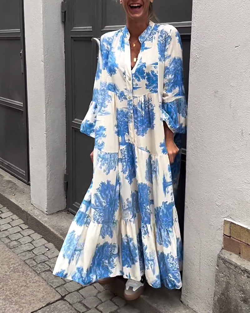 Women Maxi Dress | Stand-Up Collar Button Closure Long Sleeves Detail