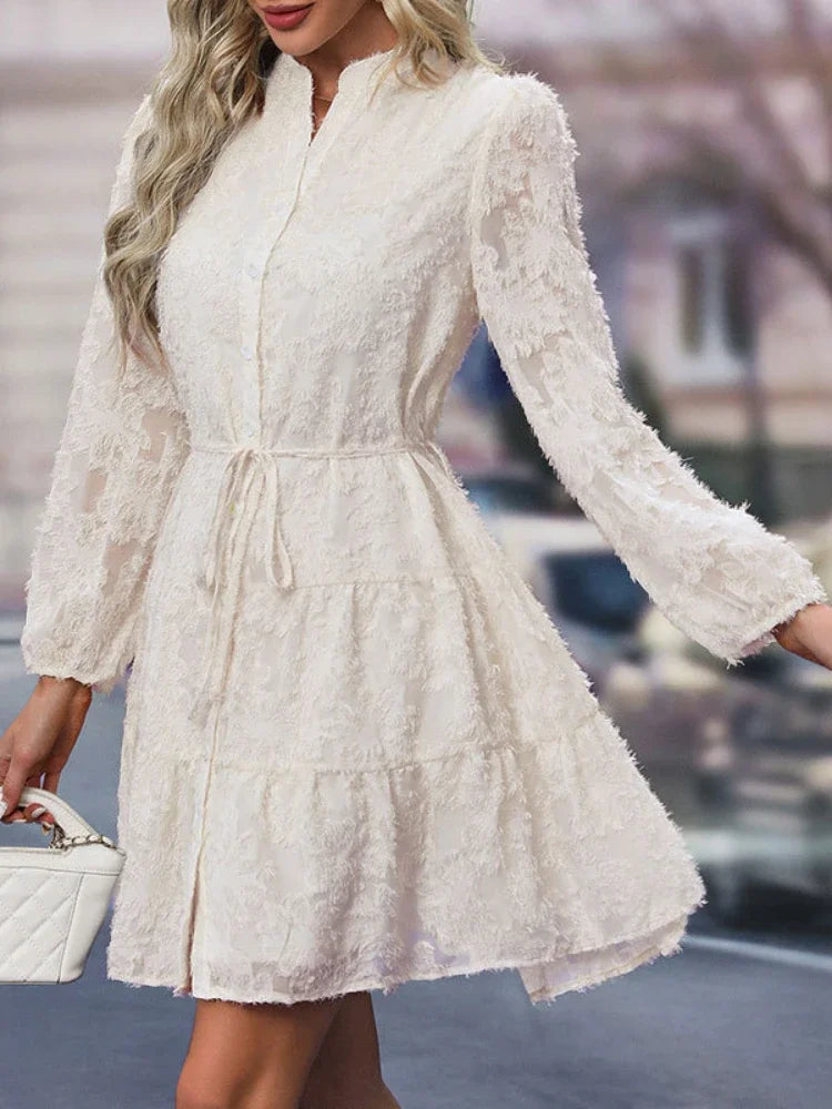 Women Mini dress | Long Sleeve Stand-up Collar Drawstring Waist