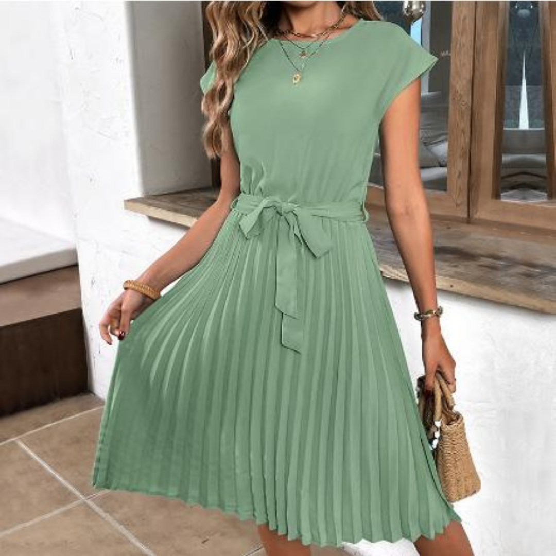 Women Pleated Midi Dress | Short-Sleeved Upper Arm Coverage Design