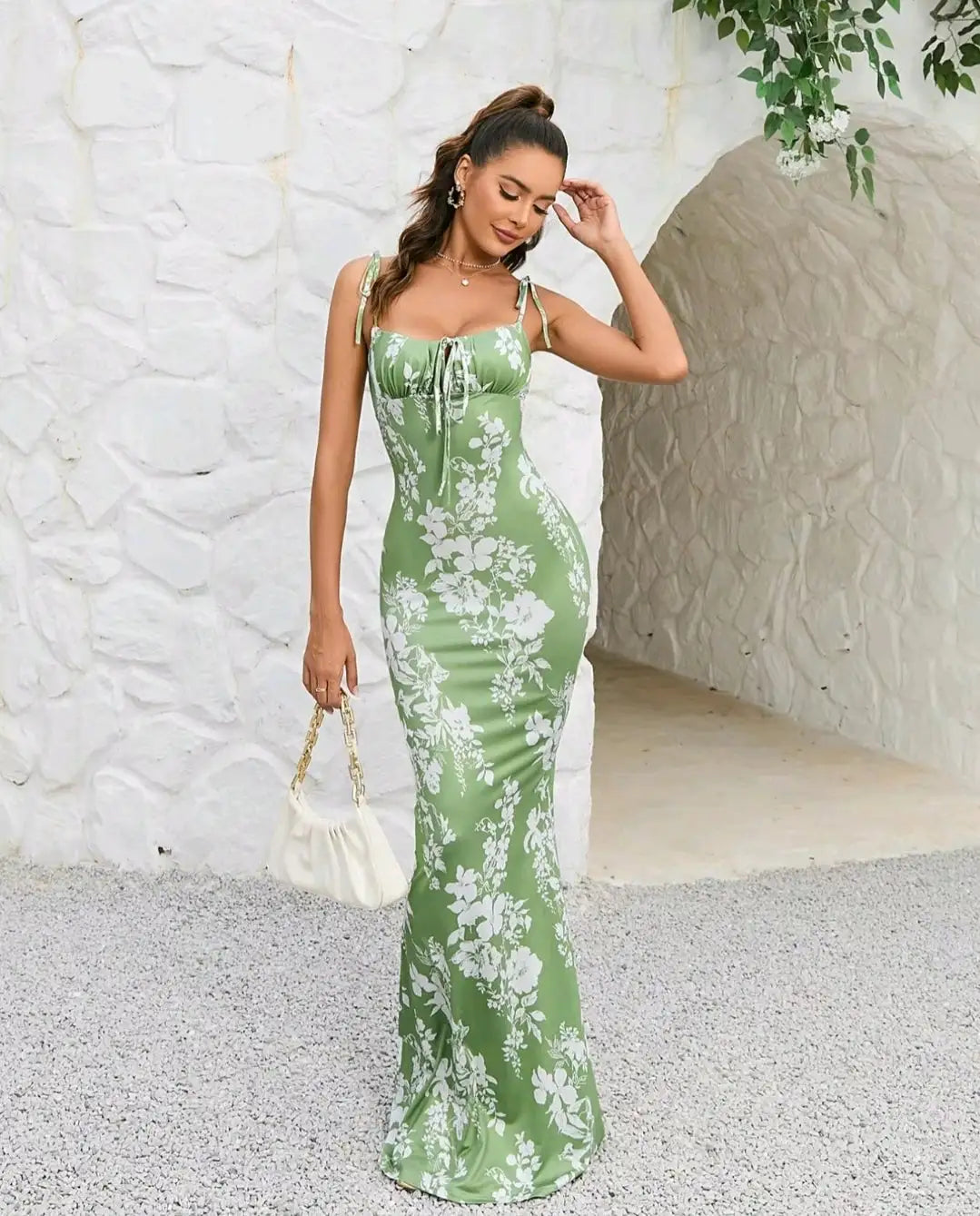 Kleid Damen | Maxikleid mit schmalen Trägern und Muster