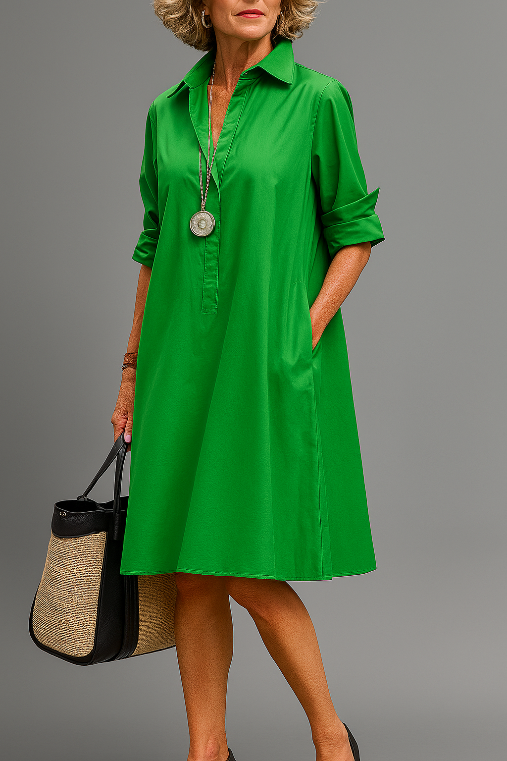 Damen Midikleid | Halbe Ärmel und kurze Knopfleiste