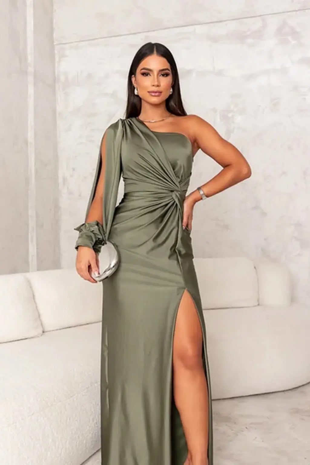 Damen Maxikleid | One-Shoulder mit Drapierung und Schlitz
