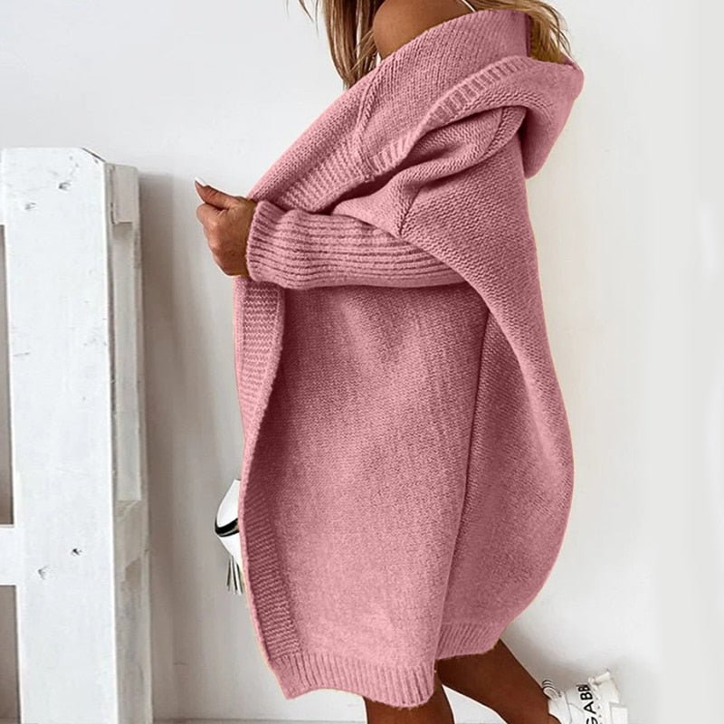 Lange Strickjacke für Damen | Mit Kapuze