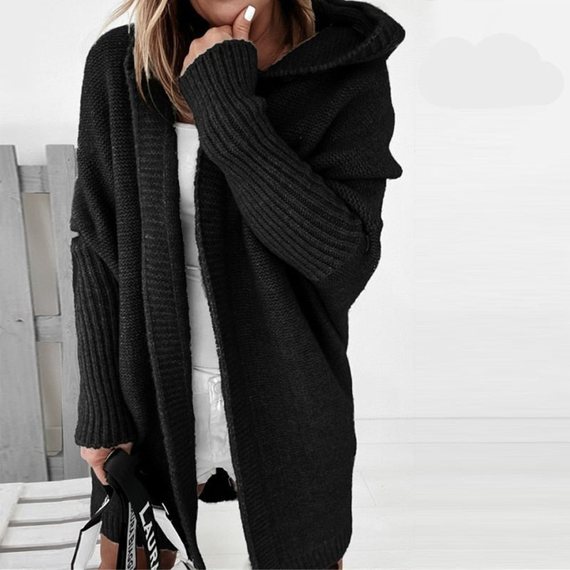 Lange Strickjacke für Damen | Mit Kapuze