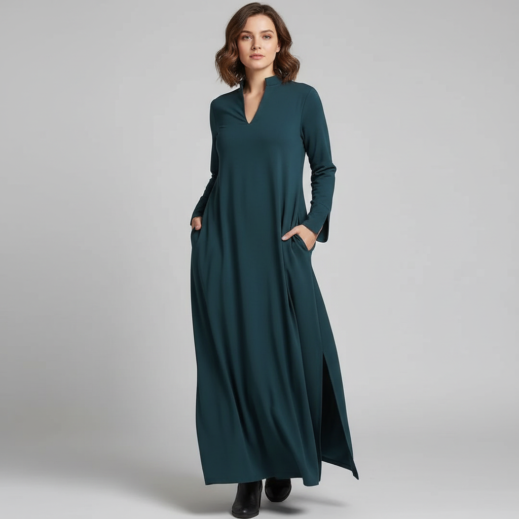 Women Dress | Long Length with Collar V-neck Sleeves Relaxed Fit