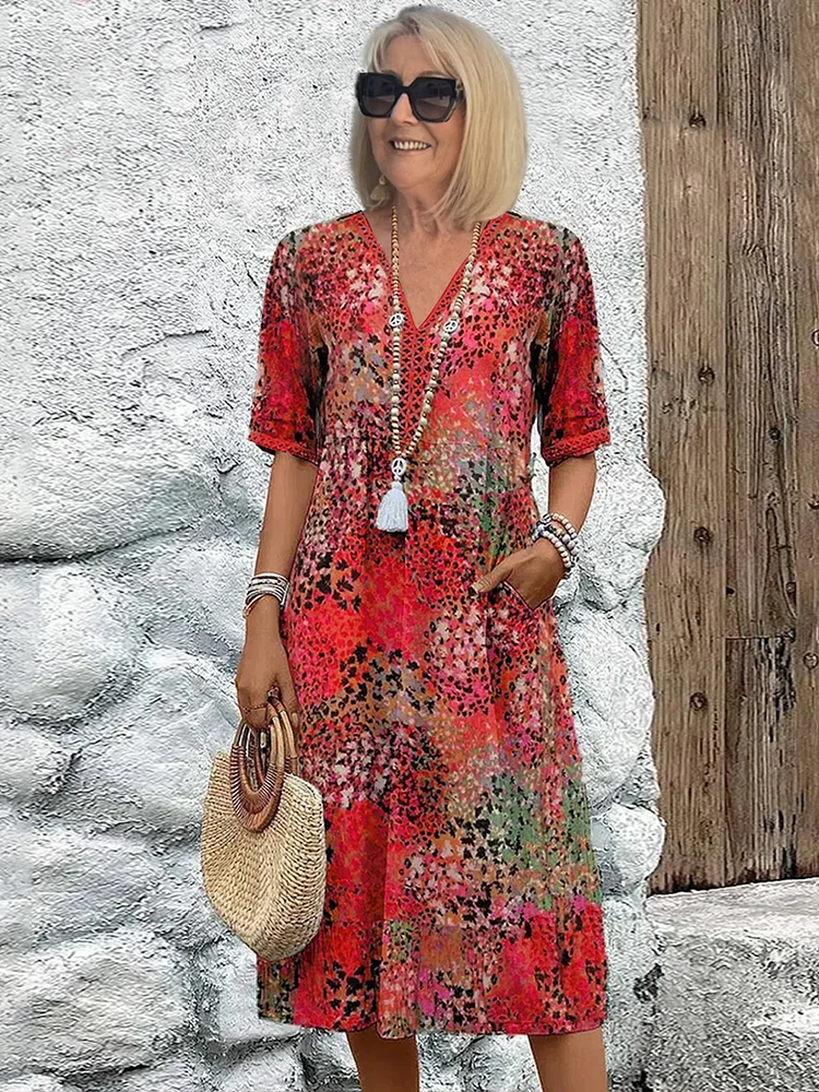Damen Sommerkleid | V-Ausschnitt mit Muster und Knielänge