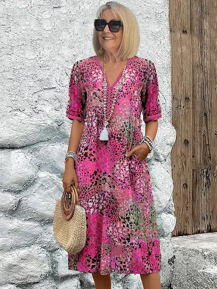 Damen Sommerkleid | V-Ausschnitt mit Muster und Knielänge