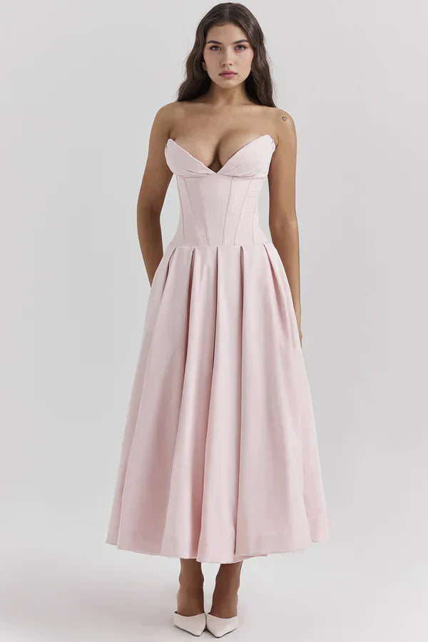 Women Midi Dress | Strapless Corset Bodice Sweetheart Neckline