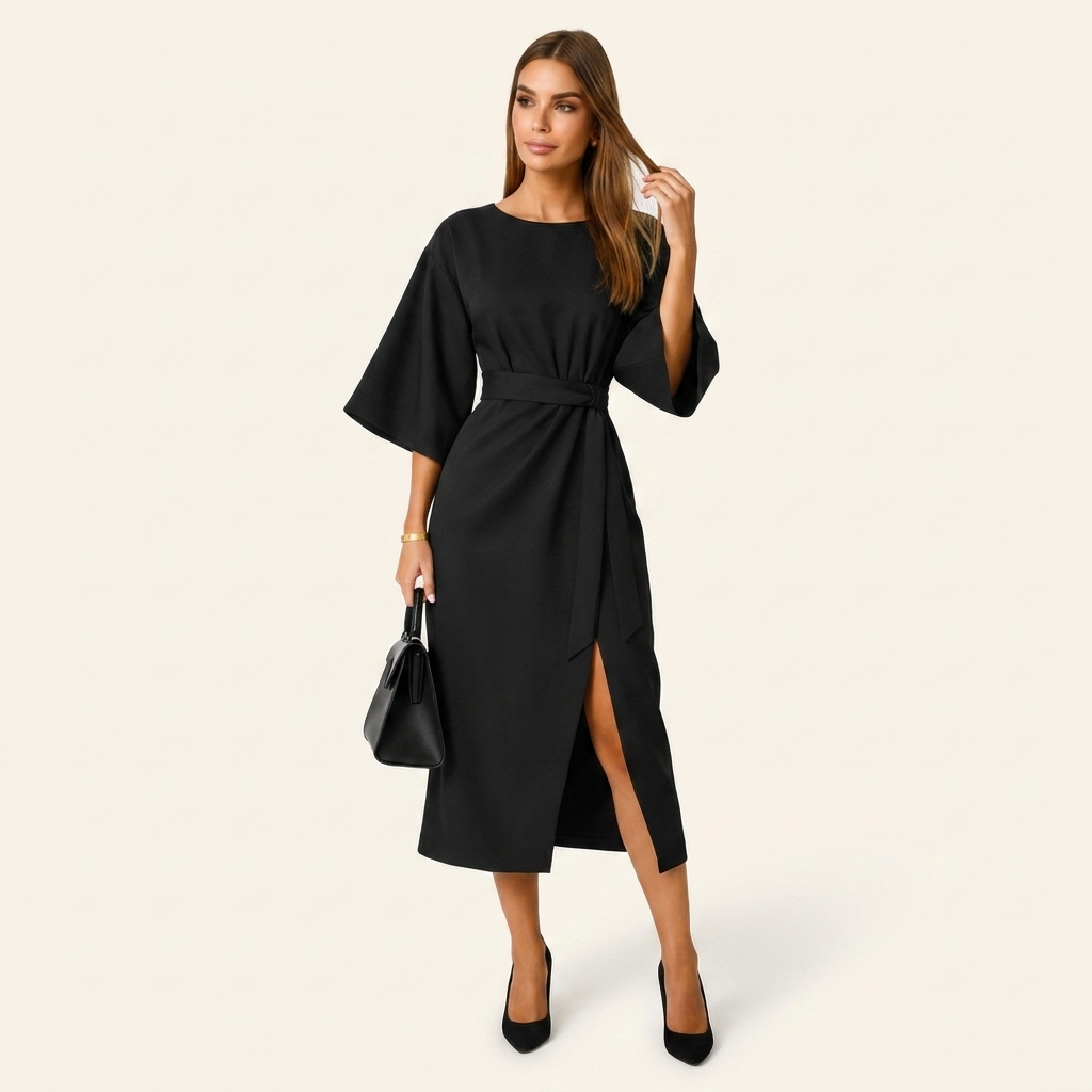 Women Midi Dress | Bell Sleeve Waist Belt Design