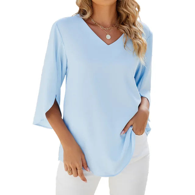 Women Blouse | Three Quarter Sleeve V Neck Top