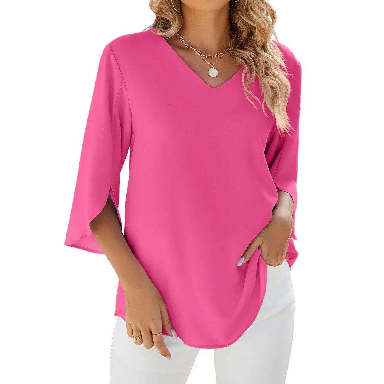 Women Blouse | Three Quarter Sleeve V Neck Top