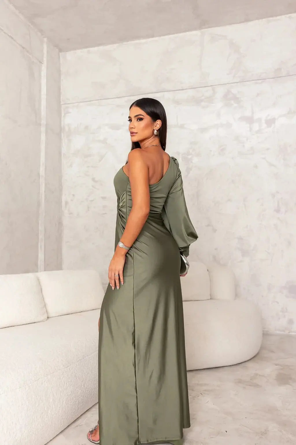 Damen Maxikleid | One-Shoulder mit Drapierung und Schlitz