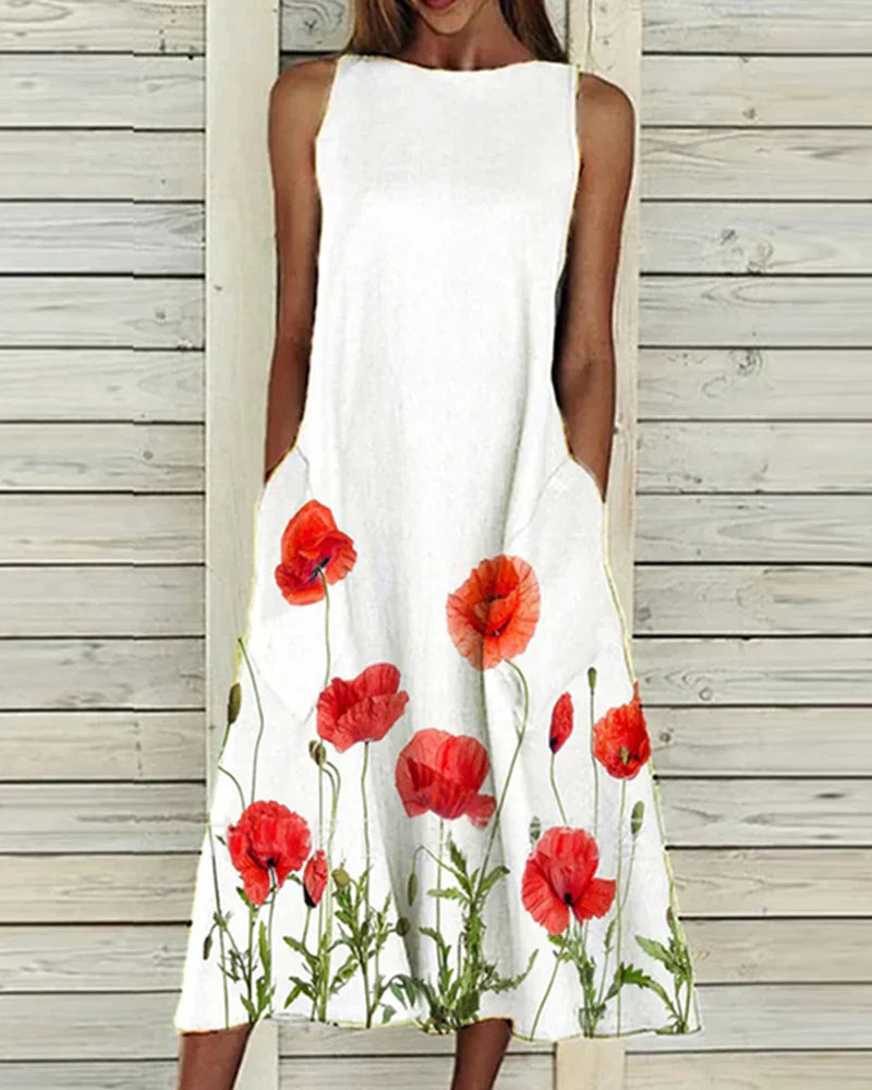 Women Dress | Midi Length Floral Pattern A-Line Fit Silhouette Shape