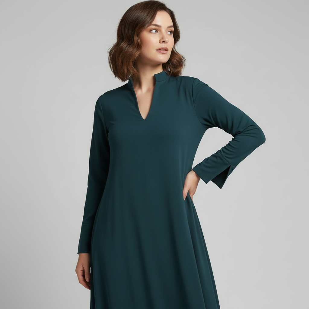 Women Dress | Long Length with Collar V-neck Sleeves Relaxed Fit