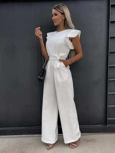 Women Jumpsuit | Slim Fit Wide Leg With Ruffled Sleeves Construction