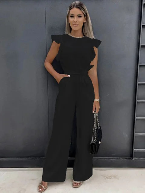 Women Jumpsuit | Slim Fit Wide Leg With Ruffled Sleeves Construction
