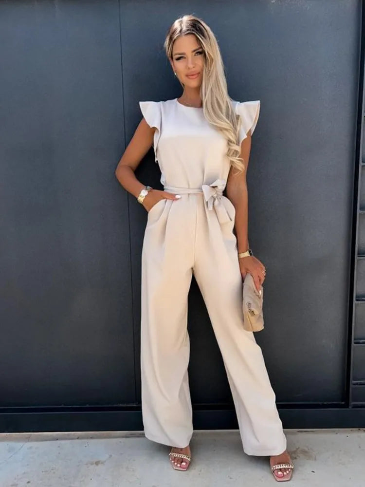 Women Jumpsuit | Slim Fit Ruffled Sleeves And Wide Leg Detail